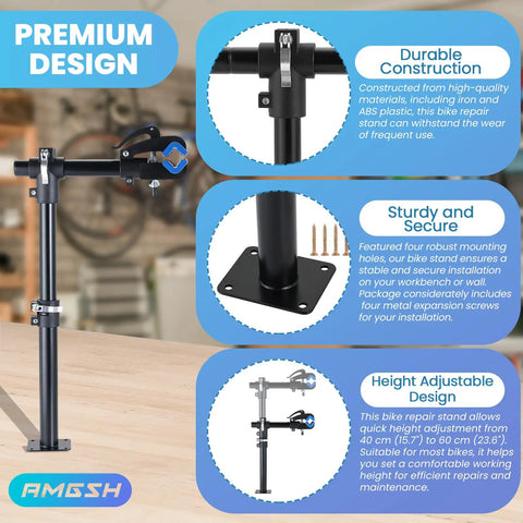 Height Adjustable Bike Repair Stand With Wall Mount Space Saving Workbench For Road And Mountain Bikes Durable 44Lb Capacity Adjustable Clamp Long Extendable Arm For DIY Bike Maintenance, highlighting premium design and durable construction features.