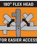 Diagram showing 180° flex head feature of Two Piece 1/4 And 3/8 Inch Drive Ratchet Set With 90 Tooth Full Polish Flex Head, 4 Degree Swing.