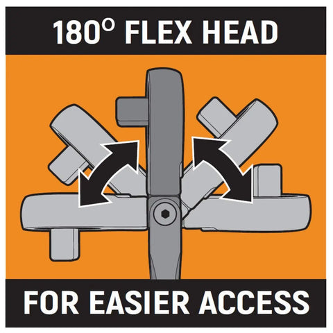 Diagram showing 180° flex head feature of Two Piece 1/4 And 3/8 Inch Drive Ratchet Set With 90 Tooth Full Polish Flex Head, 4 Degree Swing.