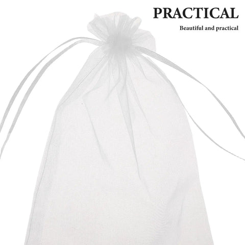 White Organza Drawstring Favor Bags Pack Of 100 Reusable Mesh Pouches close-up view
