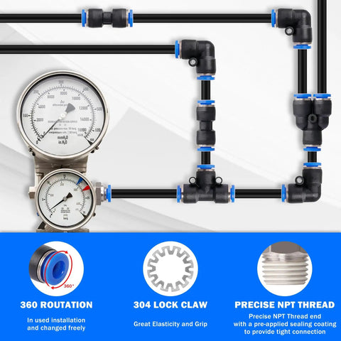 55 Piece Air Line Tubing Kit With 1/4 And 3/8 Inch DOT Air Lines, 50 Ft And 32.8 Ft Lengths, Quick Connect Fittings, gauges shown
