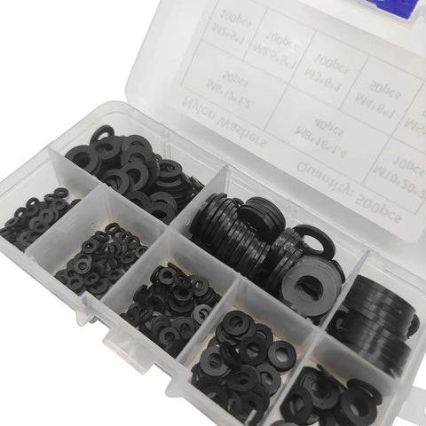 Nylon Flat Washers Assortment Kit 500 Pcs Black for Screws and Bolts 8 Size Set for Household Outdoor DIY Projects Handy for Furniture Repair and Equipment Maintenance Ideal for Home Repairs and Durable Indoor Outdoor Use, black nylon washers in compartment box