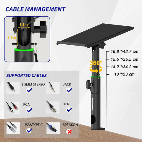 Pro Grade Studio Monitor Stands Pair With Desk Clamp, Tilt From 0 To 12 Degrees, Height Adjustable, Cable Management, Ergonomic Design