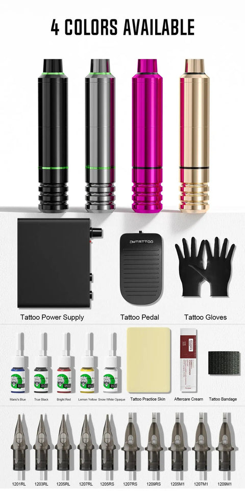 Pro All In One Tattoo Kit With Pen Style Tattoo Machine And Power Supply, colors, cartridges, bottles, pedal, gloves, skin, bandage