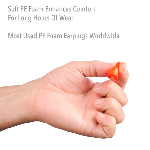 Hand holding Maximum Disposable Foam Earplugs NRR 33 200 Pairs Box For Serious Noise Reduction With Comfy Inner Ear Fit