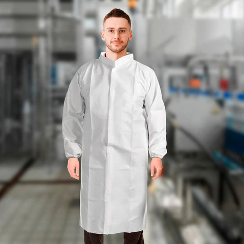 Disposable Lab Coats For Adults Pack Of 10 Lightweight 60gsm Microporous Long Sleeve White With Elastic Cuffs Hook And Loop Closure Mandarin Collar No Pockets Breathable All Day Comfort Medical Gowns, front view on man