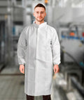 White Disposable Medical Gowns 2X Large Pack Of 10 PPE Isolation Scrub Gowns With Elastic Wrists, Loop Fasteners, Mandarin Collar, 60 GSM Microporous Material For Clinic, Hospital, Or Home Care, front view