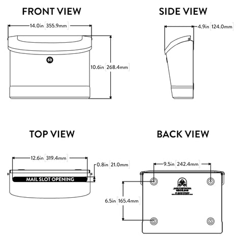 Technical drawing with dimensions of Locking Wall Mounted Mailbox for Outdoor Use in Black, Tough as Nails Heavy Duty Galvanized Steel
