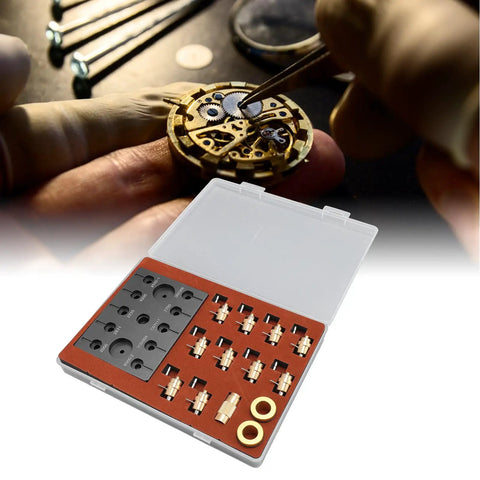 Pro Grade Brass Watch Mainspring Winder Kit For Pros And DIYers With Broad Caliber Compatibility shown with open case and tools
