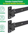 Heavy Duty Gate Hinges For Farm And Driveway Gates, 1000 Lb Capacity, Set Of 4, Reinforced Steel Strap Hinges To Stop Sag And Misalignment, Built Tough For Wooden Fences; powder-coated black steel hinge