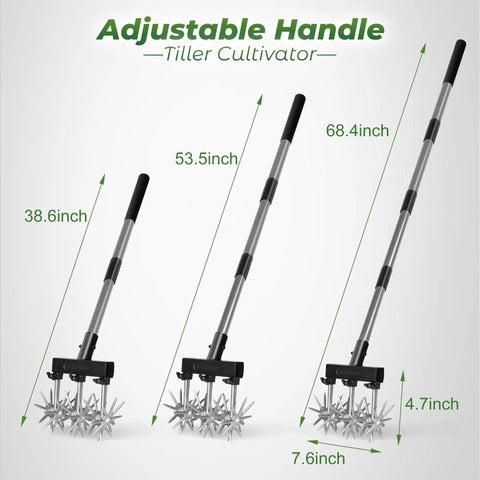 Rotary Cultivator Garden Tool With Long Handle For Easy Clod Breaking And Seedbed Prep Adjustable lengths 38.6 to 68.4 inches