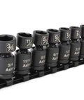Nano Pinless Universal Impact Socket Set For Three Eighths Inch Drive, Eight-Piece SAE on black rail, side view