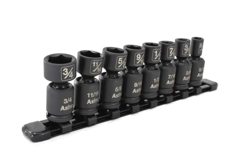 Nano Pinless Universal Impact Socket Set For Three Eighths Inch Drive, Eight-Piece SAE on black rail, side view