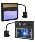 HD Auto Darkening Welding Lens With True Color View, Solar Powered, showcasing controls and lens with welding imagery.