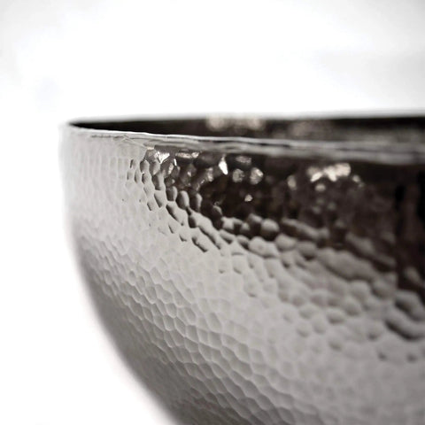 Close-up of Knockout Round Vessel Bathroom Sink 15 Gauge Hand Hammered Copper Polished Nickel Finish texture and details.