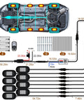Diagram of 8 Pod RGB Rock Lights for Trucks With APP Control and Remote Music Mode, wiring and installation layout, IP68 waterproof design