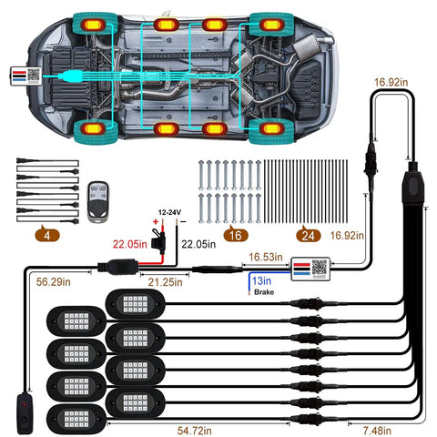 Diagram of 8 Pod RGB Rock Lights for Trucks With APP Control and Remote Music Mode, wiring and installation layout, IP68 waterproof design
