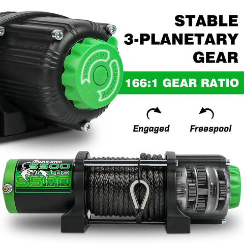 Beefy 5500lb Off Road ATV UTV Winch With 12V Electric Power, 1/4 Inch By 50 Foot Synthetic Rope, Wireless Remote And Wired Switch, Hawse Fairlead, IP67 Waterproof, Heavy Duty Winch For Mud And Rough Trails, side view with 3:1 planetary gear