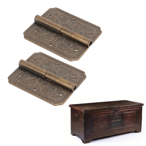 Antique Brass Hinge For Cabinets And Furniture Vintage Engraved Pattern Butt Hinges displayed with wooden chest