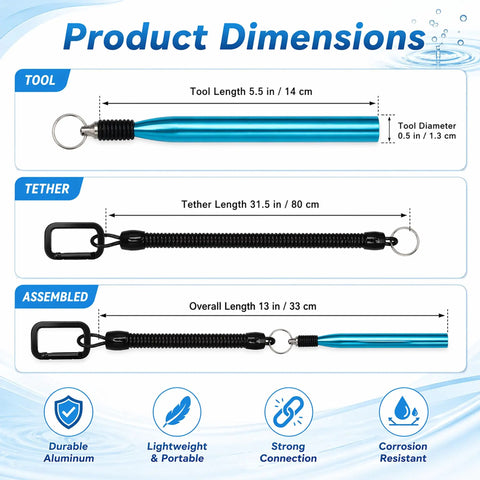 Dimensions of Worm Rig Tools Kit With 320 Wacky O Rings, Aluminum Wacky Rigging Tools For Fishing, blue aluminum tool and tether