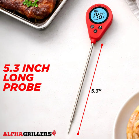 Instant Read Meat Thermometer With Ultra Fast Probe For Home Cookin Digital Kitchen Thermometer For Grilling And Baking Sourdough Bread Thermometer Pre Calibrated 2 To 3 Second Read with 5.3 inch probe on kitchen counter