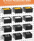 12 black bins storing various small parts on a pegboard from Heavy Duty Pegboard Hook Kit With 170 Pieces For One Quarter Inch Pegboards Extra Thick Hooks And Bins Peg Lock Organizers Pliers And Tool Racks Garage Wall Mount For Hanging Tools And Accessories