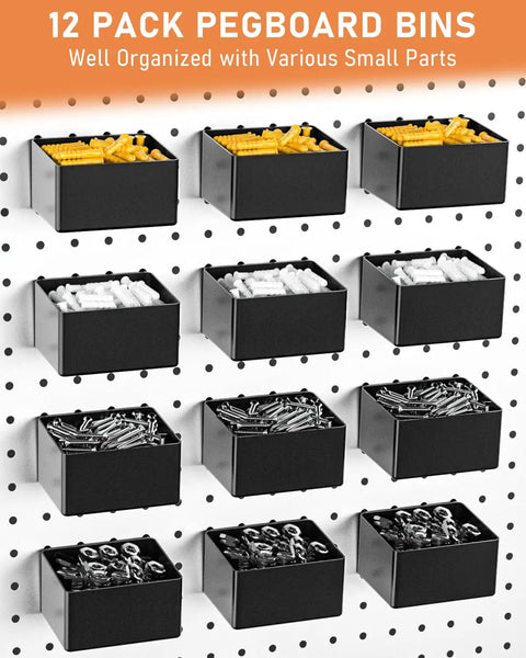 12 black bins storing various small parts on a pegboard from Heavy Duty Pegboard Hook Kit With 170 Pieces For One Quarter Inch Pegboards Extra Thick Hooks And Bins Peg Lock Organizers Pliers And Tool Racks Garage Wall Mount For Hanging Tools And Accessories