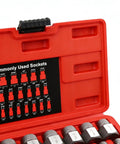 Open red case showing 25-piece Heavy Duty Bolt Extractor Kit For Damaged Fasteners Stripped Or Broken Screws And Studs