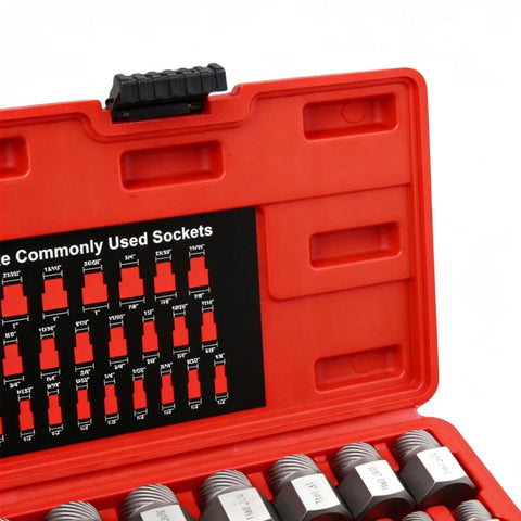 Open red case showing 25-piece Heavy Duty Bolt Extractor Kit For Damaged Fasteners Stripped Or Broken Screws And Studs