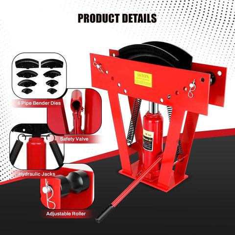 16 Ton Manual Hydraulic Pipe Bender With Eight Included Dies For Copper Tubing And Steel Piping. Features adjustable roller and safety valve.