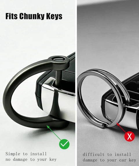 Comparison of a Built Tough Metal Keychain Clip with a conventional ring, showing easy installation for chunky keys.