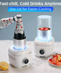 On Point Desktop Drink Chiller And Warmer With Heavy Duty Aluminum Mug, beer being cooled beside fruit bowl.