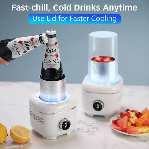 On Point Desktop Drink Chiller And Warmer With Heavy Duty Aluminum Mug, beer being cooled beside fruit bowl.