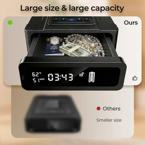 Biometric Gun Safe With 3 Quick Access Modes, 1 Second Fingerprint Scan, open drawer displaying jewelry and money, large capacity