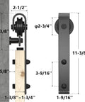 Diagram of barn door pulleys with measurements for Antique Style 15 Foot Double Sliding Barn Door Hardware Roller Track Kit Black Finish.