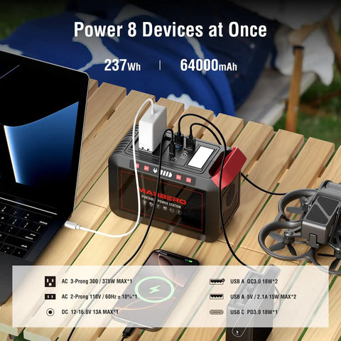 Portable 237Wh Solar Generator With Foldable 60W Panel charging multiple devices on a wooden table for camping and outdoor use.
