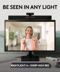 Legit Full HD 1080p Business Webcam With Auto Light Correction Smooth Remote Setup shown on monitor during a virtual meeting.