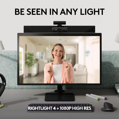 Legit Full HD 1080p Business Webcam With Auto Light Correction Smooth Remote Setup shown on monitor during a virtual meeting.