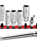 3/8 Inch Drive Spark Plug Socket Set 7 Piece SAE And Metric High Visibility 6 Point Sockets CR-V Steel Mirror Polished