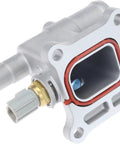 Direct Bolt On Aluminum Water Outlet Assembly With Coolant Sensor Plug And Go Upgrade Ditches Brittle OEM Plastic, showing aluminum construction and coolant port.