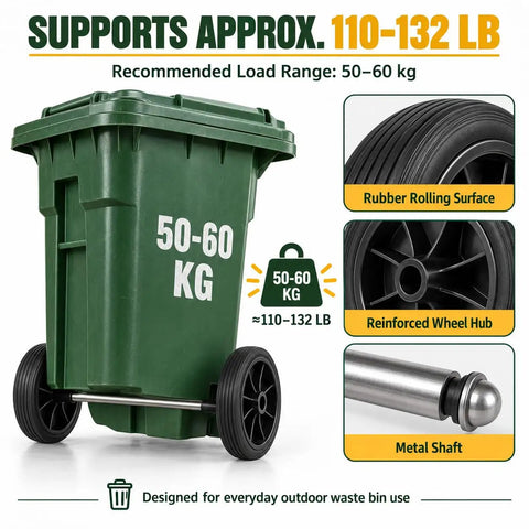 Haul Heavy Bins Like A Boss Without Breaking A Sweat Using This Tough Trash Wheel Replacement Kit Featuring Seven Inch Rubber Garbage Tires 18.8 Hollow Shaft And Quick Axle Swap For Smooth Outdoor Cart Mobility with green trash bin and rubber wheels.