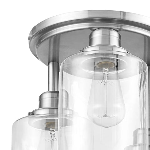 Close-up of Three Light Semi Flush Mount Ceiling Light With Brushed Steel Finish And Clear Glass Shades E26 Socket Front Porch Lighting Fully Dimmable Bulb Not Included Industrial Modern Vibe