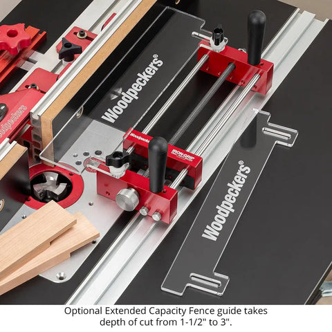 Zero Drama Small Parts Holder For Router Tables Delivers Big Time Accuracy And Rock Solid Safety For Your Shop With Heavy Duty Clamps And Precision Stop Pins For Tenons Rabbets And Dados on router table with wood pieces.