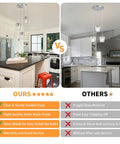 Comparison of kitchen lighting with three light glass pendant with brushed nickel finish and clear glass shades on left, other on right