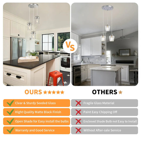 Comparison of kitchen lighting with three light glass pendant with brushed nickel finish and clear glass shades on left, other on right