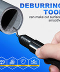 Pacmann PVC pipe cutter with deburring tool; close-up of a black-handled cutter engaging a gray PVC pipe up to 2-1/2 inches.