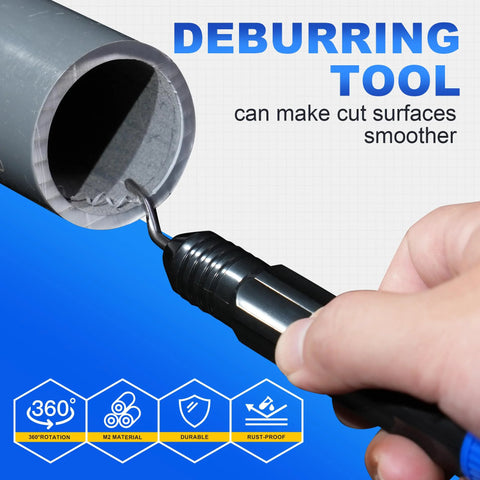 Pacmann PVC pipe cutter with deburring tool; close-up of a black-handled cutter engaging a gray PVC pipe up to 2-1/2 inches.