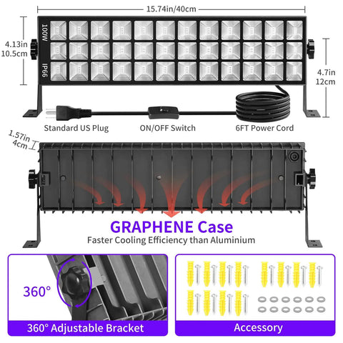 100W LED Black Light Bar IP66 Waterproof Outdoor Glow Lighting Kit With Plug Switch And Six Foot Cord Three Pack Lights Up About 1400 Sq Ft For Lit Neon Glow Parties Body Paint Posters Halloween And Classroom Use, showing dimensions, power cord, and accessories.