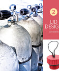Scuba tank valve dust cap protector with red cord cap and threaded valve cover on diving tanks, lid design in close-up view.