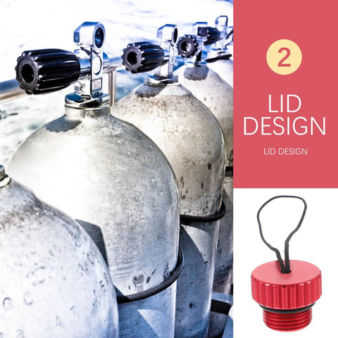 Scuba Tank Valve Cap Protector With Threaded Metal Valve Cover Red Dust Plug for Diving Regulator and Tank Accessories shown on tanks